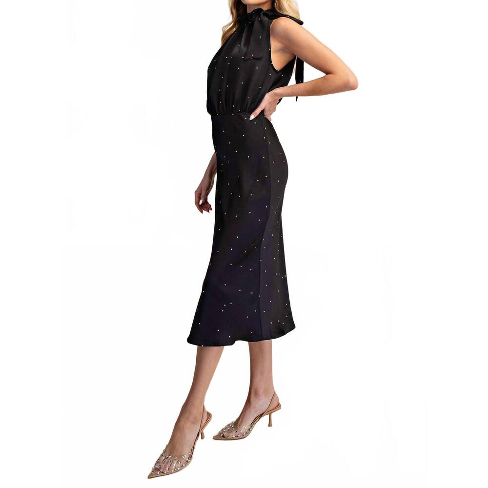 NEW GLAM ruffle tie neck sleeveless midi dress in black - Picture 3 of 6